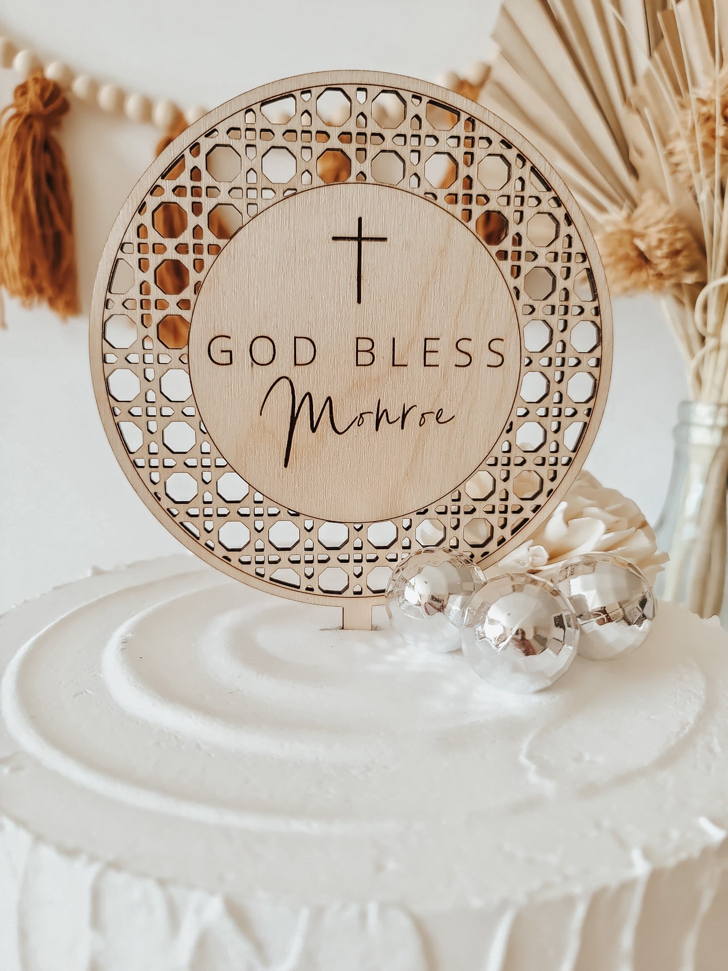 Personalized Round Baptism Cake Topper | Rattan Cake Topper | First Communion Cake Topper | Rattan Cake Topper | Mi Bautizo Cake Topper