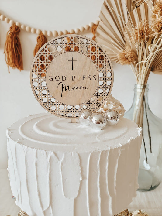 Personalized Round Baptism Cake Topper | Rattan Cake Topper | First Communion Cake Topper | Rattan Cake Topper | Mi Bautizo Cake Topper